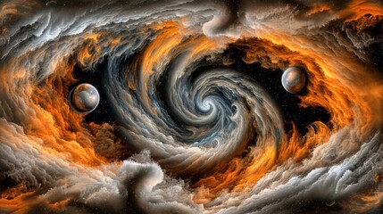 Galactic swirl of cosmic clouds and planets outer space digital art nebula aerial view sci-fi concept