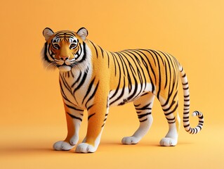 Obraz premium A majestic Bengal tiger stands on a solid orange background.