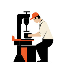 Worker operating stamping machine factory floor minimalist illustration industrial setting side view efficiency concept
