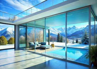 Fototapeta premium Modern Minimalist Alpine Garden Room with Sky Blue Windows & Snowy Mountain Views - High Resolution Stock Photo