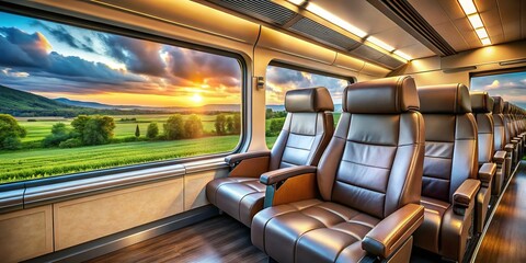 Fototapeta premium Modern Train Interior: Luxurious Leather Seats & Panoramic Countryside Views