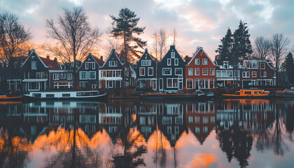 Naklejka premium Serene sunset reflecting on a picturesque canal lined with charming Dutch houses. Boats gently rest on the tranquil waters.