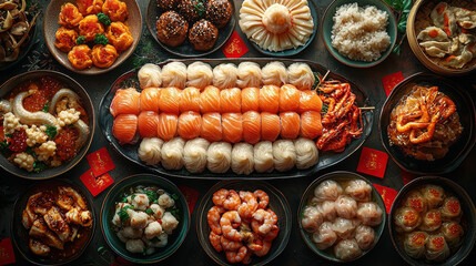 Fototapeta premium A vibrant scene of traditional Chinese food and Chinese New Year decorations, showcasing a variety of fresh fruits, vegetables, cakes, and savory dishes in a festive buffet setting