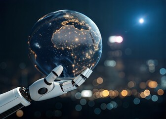 Futuristic Robot Hand Holds a Global Earth Globe