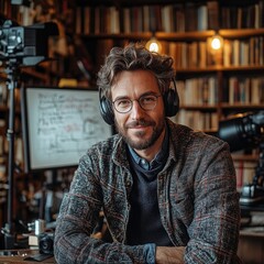 Recording an interactive e-learning course by a university professor home office video content cozy environment close-up view engaging knowledge sharing