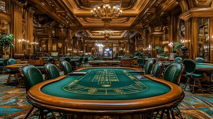 Obraz premium Luxurious casino gaming tables, opulent interior, background activity, gambling