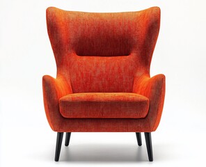 Orange armchair, modern design, comfortable seat, high back, fabric upholstery, dark legs, studio shot.