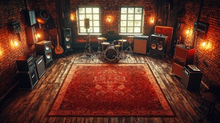 Loft rehearsal space, instruments, rug, brick walls, band practice