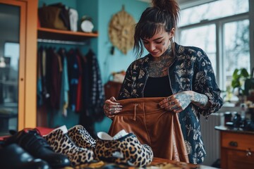 A woman with visible tattoos shopping for leopard print boots in a clothing store. She is holding the shoes and examining them.