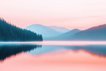 Fototapeta premium Serene mountain lake at dawn with misty reflections and pastel sky hues
