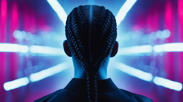 A futuristic fashion editorial featuring tightly sculpted braids forming a symmetrical crown, metallic reflections shimmering under cool-toned LED lights - Powered by Adobe