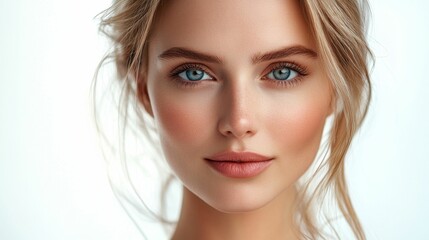 Fototapeta premium studio portrait of beautiful caucasian woman model 20-25 years old with blond hair, blue eyes with makeup on face looking at camera, white background, copyspace