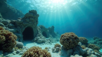 Underwater view of ancient ruins surrounded by coral reef affected by bleaching	
