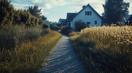 A serene dirt path in the countryside, surrounded by tall grass and wildflowers. Houses can be seen at the end of the road.