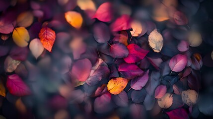 Vibrant autumn leaves scattered on the ground, showcasing rich reds, oranges, and purples.