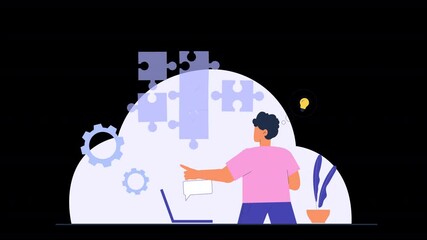 Showcase solutions with 2D flat characters, emphasizing collaboration, analysis, and actionable steps.