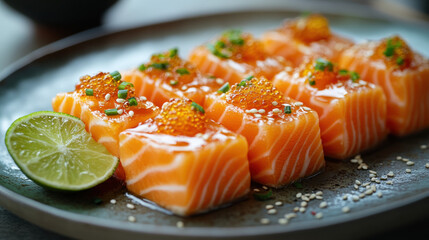 A close-up of a plate with fresh salmon topped with caviar, served with bread, perfect for a healthy, delicious meal or snack, ideal for lunch, dinner, or as an appetizer
