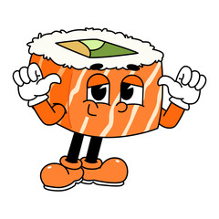 Retro sushi mascot logo, sake sushi roll, salmon sushi sushi optimistic pose