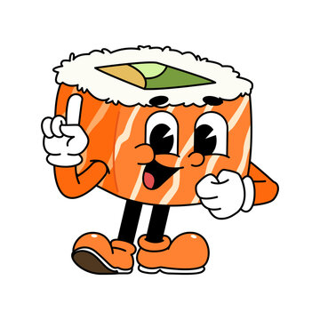 recommend clip art: Retro sushi mascot logo, sake sushi roll, salmon sushi sushi pointing up