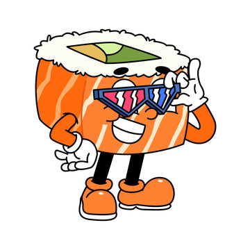recommend clip art: Retro sushi mascot logo, sake sushi roll, salmon sushi sushi wearing glasses