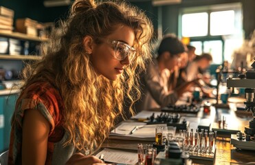 Science education is taking place in a medical laboratory, with learners and educators engaged in a lecture, recording details as guided by a teacher