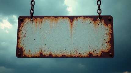 A weathered, rusty metal sign hangs from chains against a dramatic, cloudy sky, ready for your message.