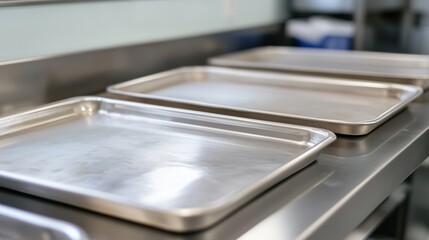 Empty metal baking sheets resting on stainless steel counter in commercial kitchen