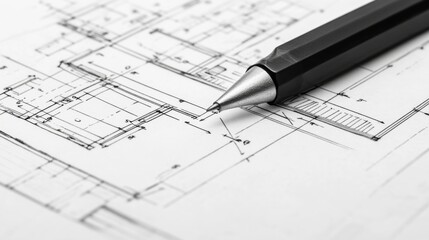 Architectural blueprints with pen, home design, technical drawing, professional planning