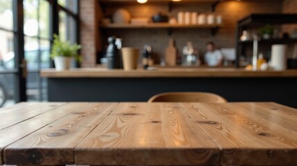 Empty Wooden Table in a Cozy Cafe Setting with a Blurred Background