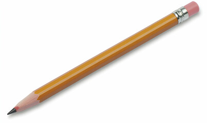 Fototapeta premium A well-sharpened No. 2 pencil, featuring a classic yellow wood exterior and a pink eraser, lies diagonally against a clean white background.