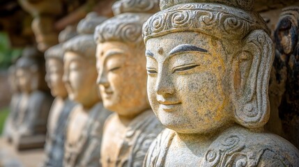 Weathered Stone Buddha Statues in a Row