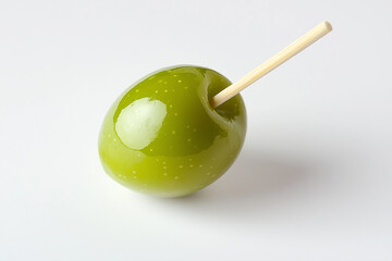 A Glossy Green Olive and Wooden Toothpick on a Clean, Neutral Surface.