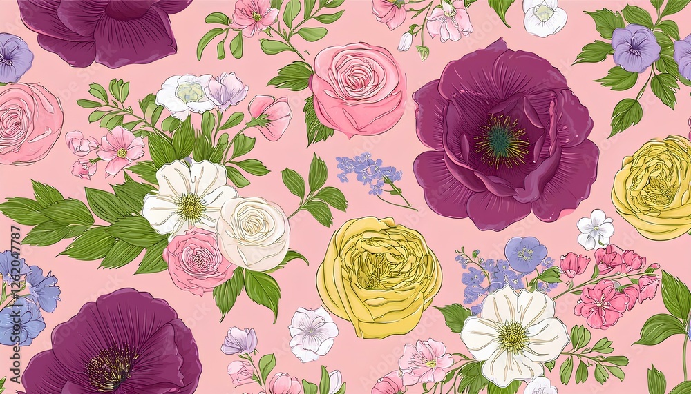 Poster seamless pattern with flowers in colorful pastel pink background. seamless floral pattern with vecto