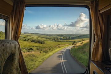 A scenic view from a camper van. Open road leads to breathtaking landscapes. Nature inspires adventure and exploration for all road trip enthusiasts. Generative AI