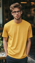 A man wearing gold color t shirt mockup; with glasses; at the cafe; front view