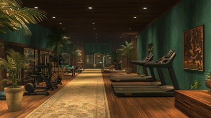 Luxury gym interior, treadmills, plants, artwork, nighttime