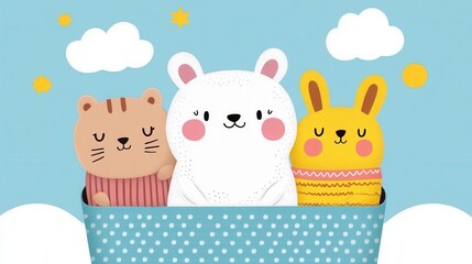 Adorable Cartoon Animals in Hot Air Balloon