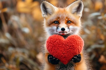 Obraz premium Digital ads animal visual idea artwork. Cute fox baby with fluffy red heart on in a natural habitat. Fox - my preferred animal. Heartwarming animal affection. Affectionate animal pair.