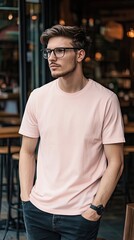 A man wearing light pink color t shirt mockup; with glasses; at the cafe; front view