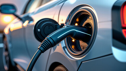 Electric Car Charging at Station During Sunset