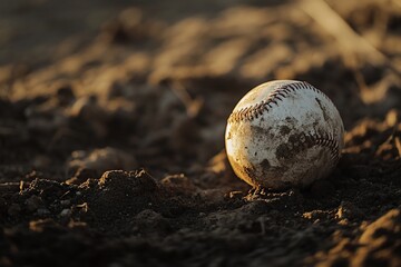 Close-up of a muddy baseball resting on the dirt ground during sunset.
