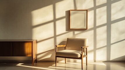 Fototapeta premium Sunlight streams through window onto chair and cabinet in minimalist room.