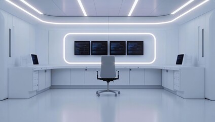 Futuristic office space with sleek design, bright lighting, and multiple screens.