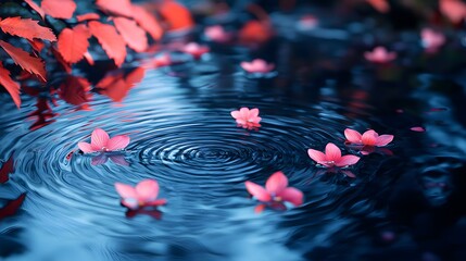 Rippling water surface at twilight in a serene pond with natural reflections and aquatic plants