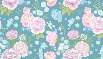 seamless pattern with flowers in colorful pastel blue background. Seamless floral pattern with vector illustration.