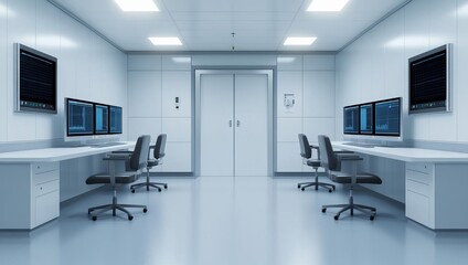 Modern technology office with multiple computer workstations and sleek design.