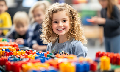 Happy little girl playing with colorful building blocks, surrounded by other children.  A joyful scene of childhood creativity and fun.