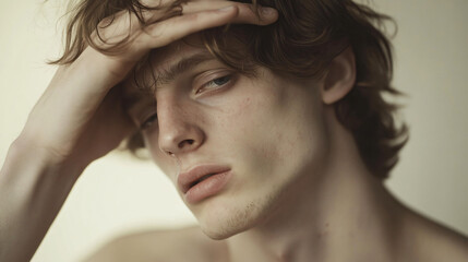 Fototapeta premium Pensive Portrait: A young man with tousled light brown hair rests his hand on his forehead, his expression conveying a sense of contemplation or introspection.
