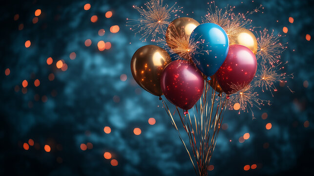 A fun and dynamic party background featuring colorful fireworks, helium-filled balloons floating upward, and sparkling golden glitter trails swirling in the air.  - Powered by Adobe