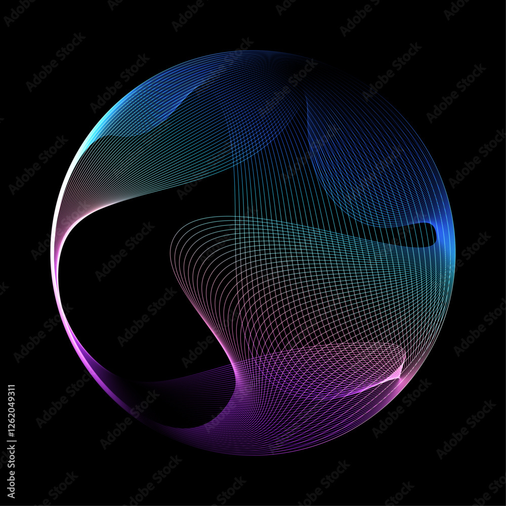 Aufkleber Abstract vector round shape of wavy lines flowing smooth curve colorful spectrum light on black background in concept of technology, science, music, modern.